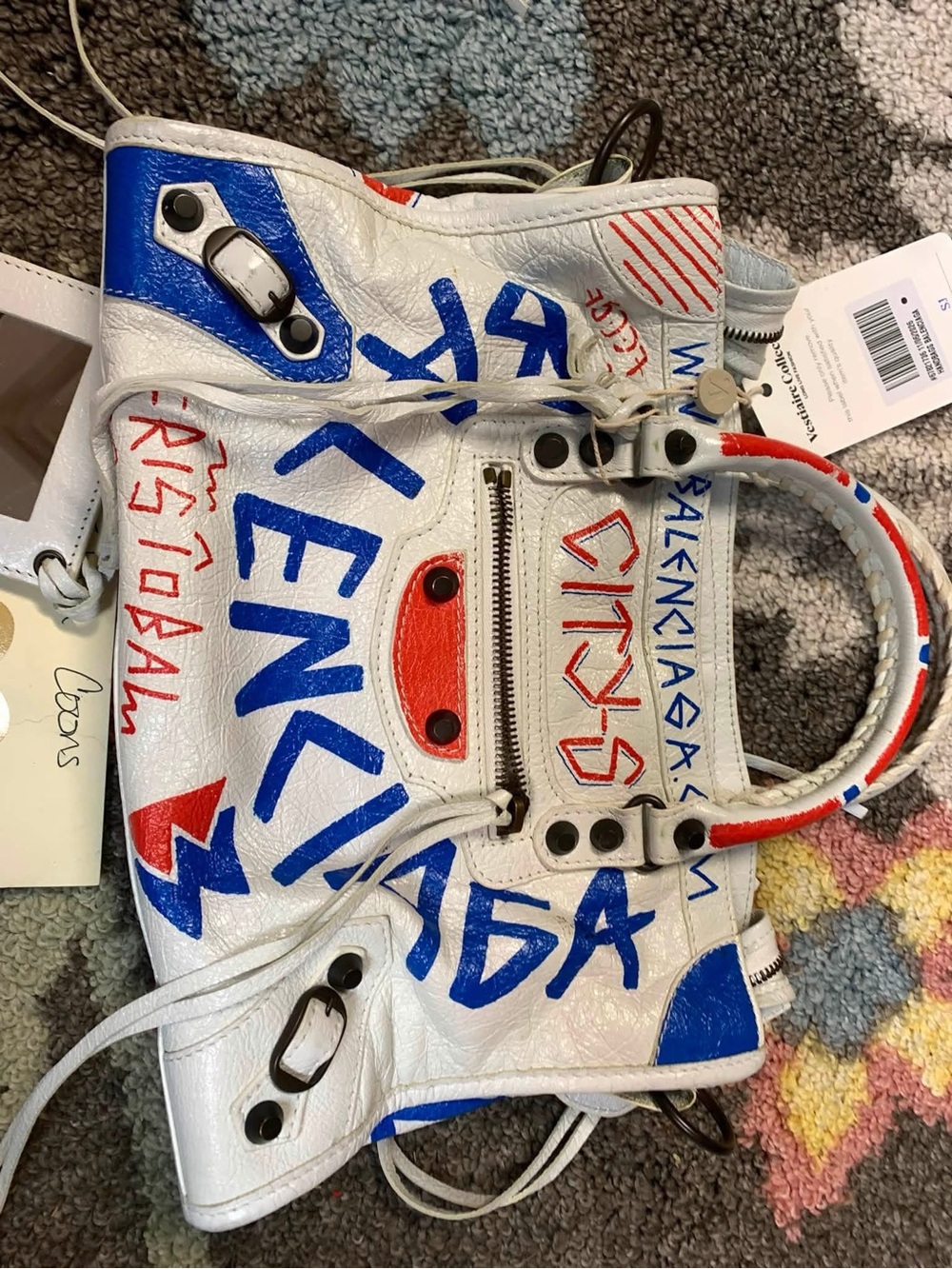 Balenciaga White Leather Graffiti City Satchel with Blue and Red Accents